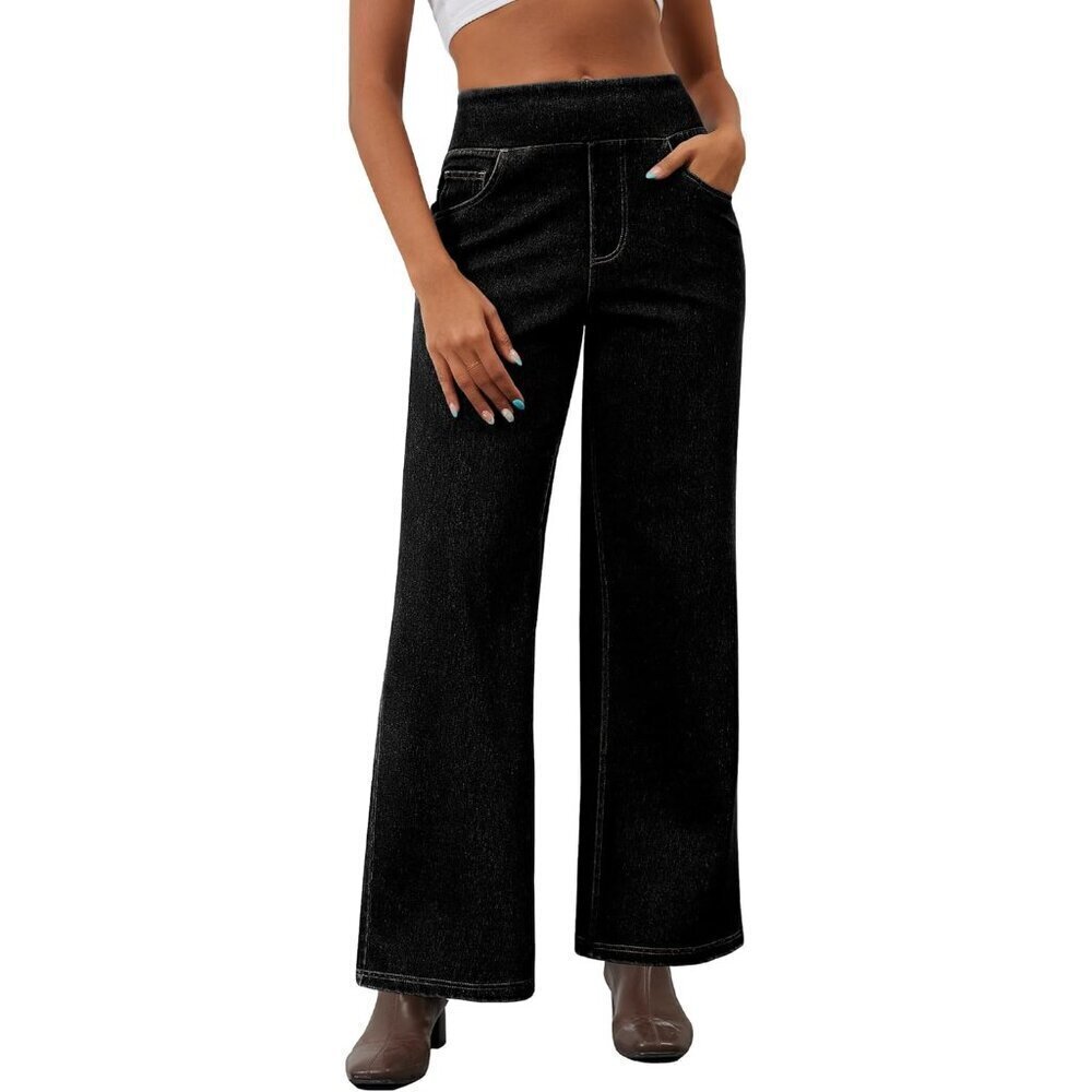 Women’s Wide Leg Elastic Waist Jeans Light Comfortable High Waisted Denim